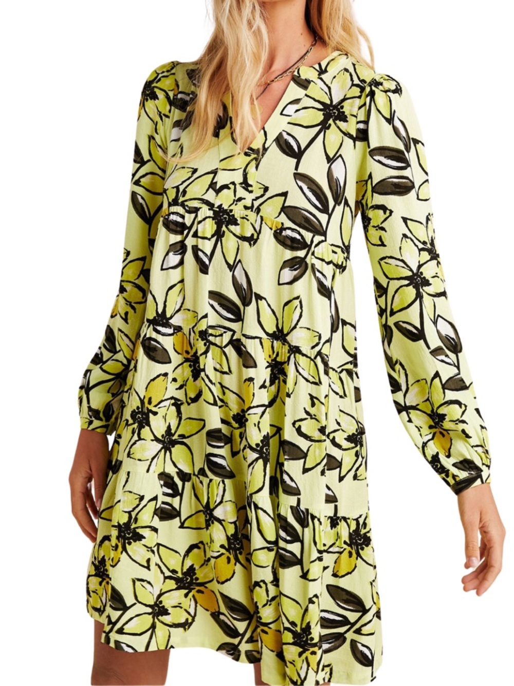 Maeve Anthropologie Amber Tiered Dress Yellow Black Floral Long Sleeve M